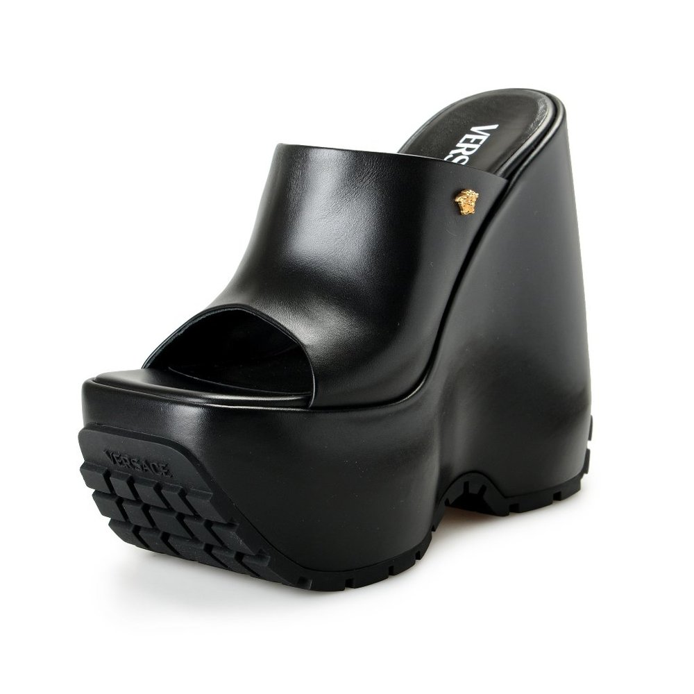 Versace Women's Black Leather Platform Mule Sandals Shoes